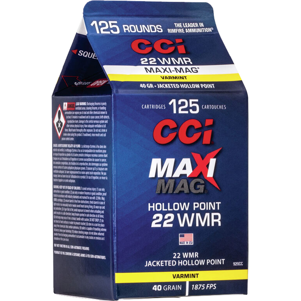 CCI Pour Pack Rimfire Ammo 22 WMR 40 gr. Maxi Mag HP 125 rd.