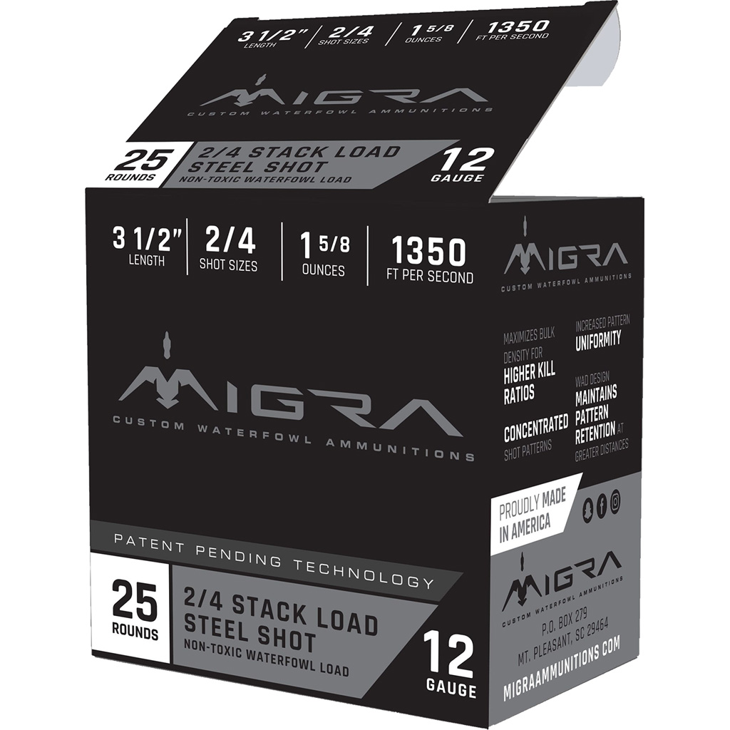 Migra Staxd Shotgun Ammo 12 ga. 3.5 in. 1.58 oz. 2-4 Shot 25 rd.